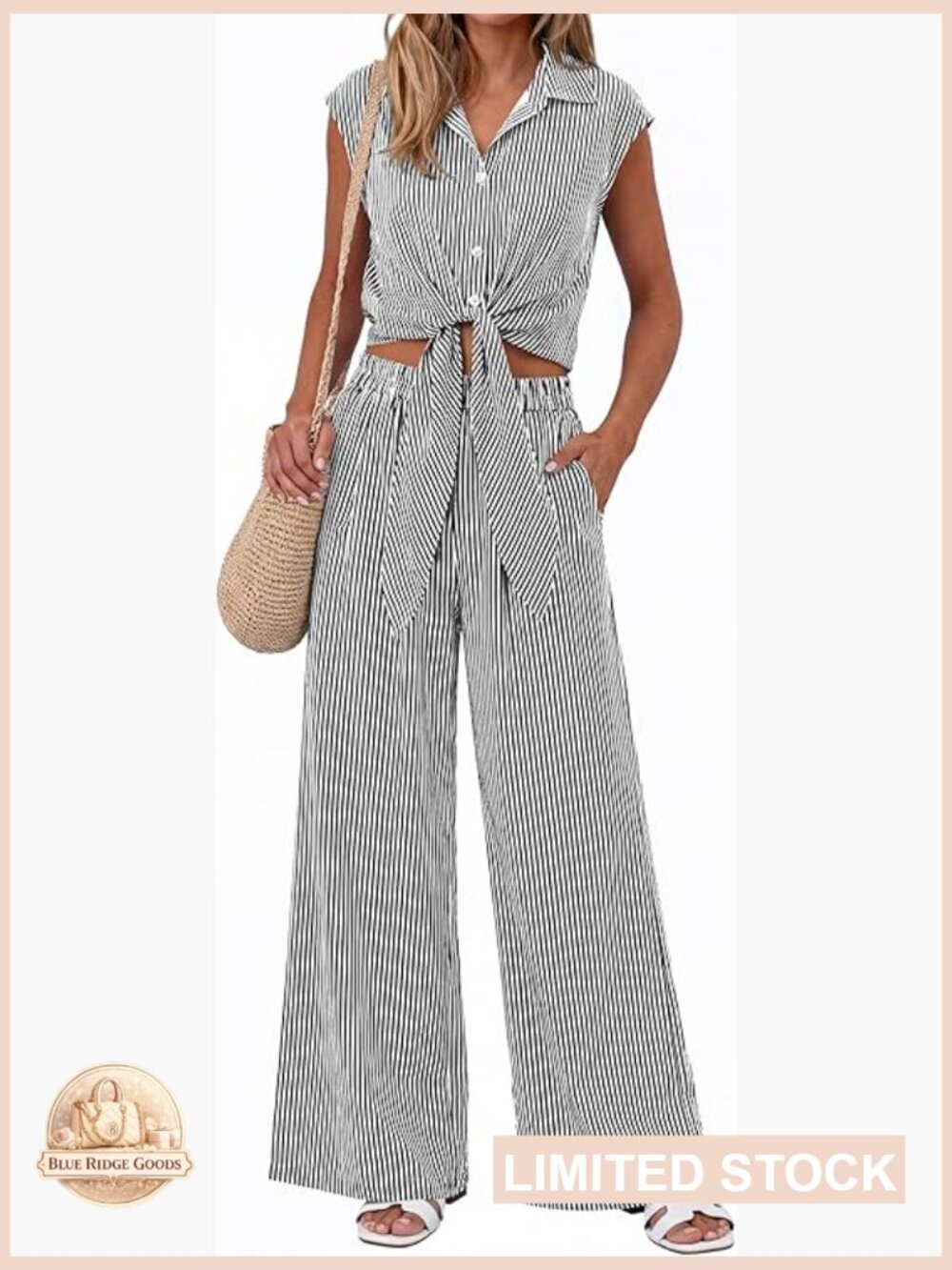 2 Piece Set - Striped Tie Front Crop Top Wide Leg Pants Lounge Track Suit